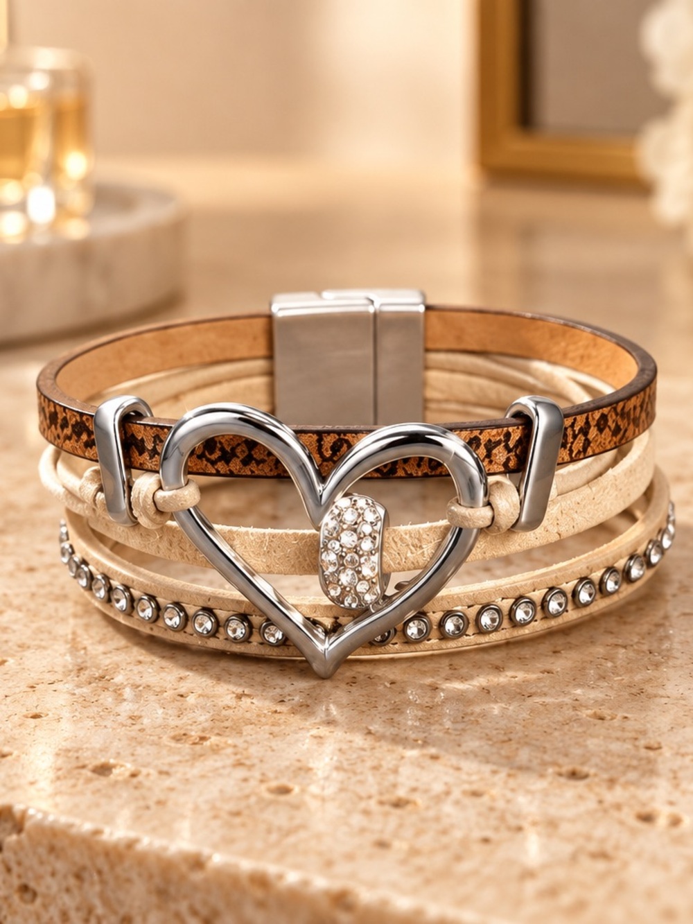 Boutique Heart Multi-Layer Leather Wrap Bracelet. NIP